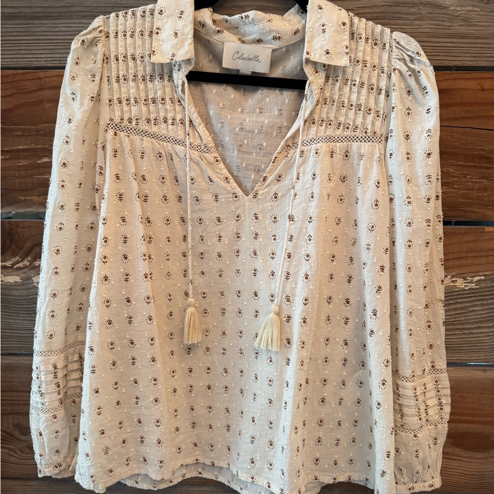 Ivory Floral Tie-Neck Peasant Blouse